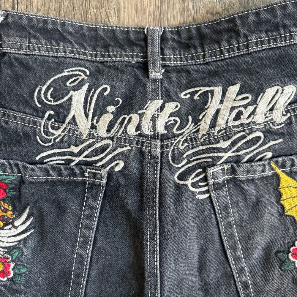 VTG Y2K Ninth Hall Idle Denim Jorts- Tattoo Embroidery Tiger Dragon Black Wms 4 - Picture 7 of 7